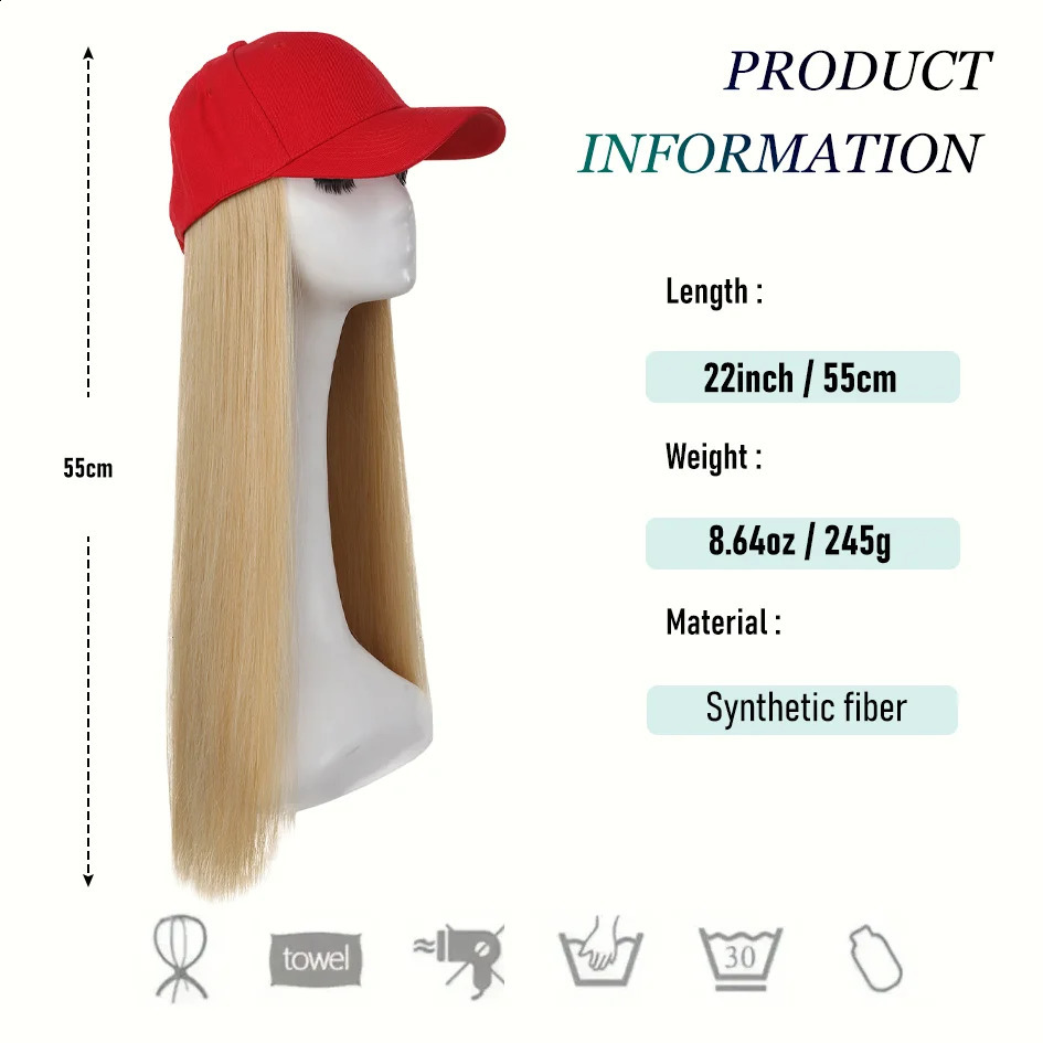 Hat Wigs-synthetic 22inch red baseball cap straight hair wig detail view 5