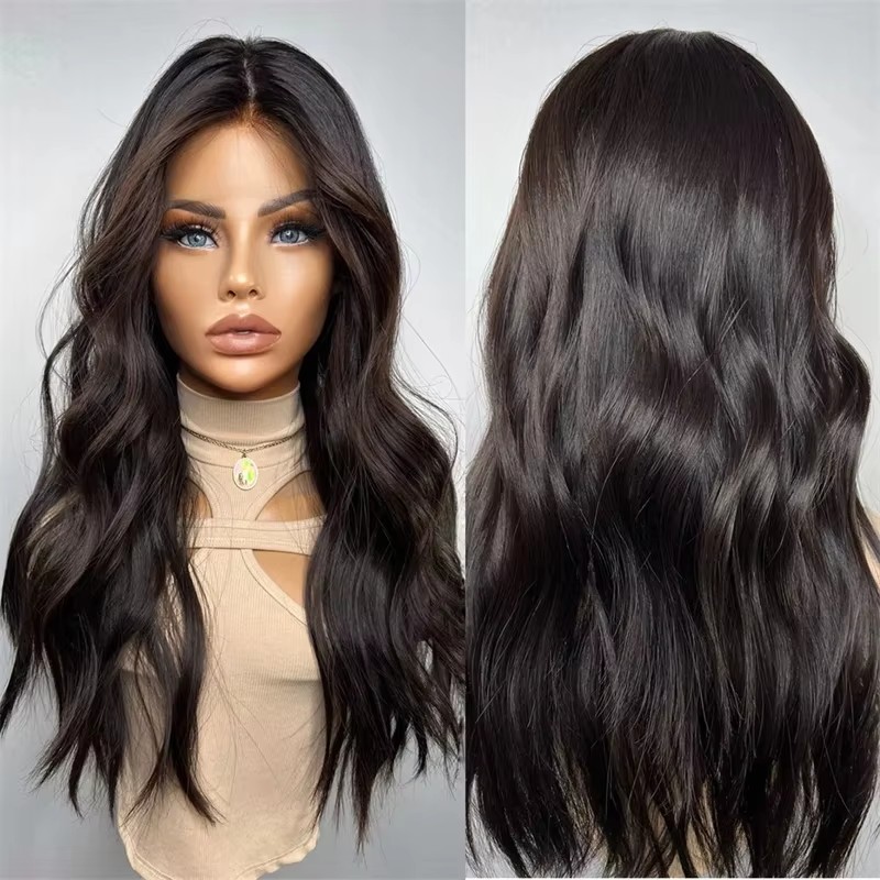Dark burnette brown natural low highlights loose wavy Human Hair detail view 1