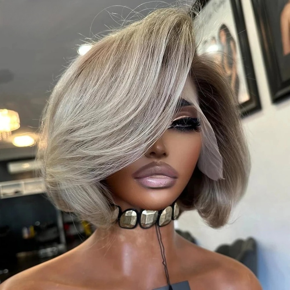 Brazilian Ombre Ash Gray Blonde Short Bob Wigs Human Hair detail view 4