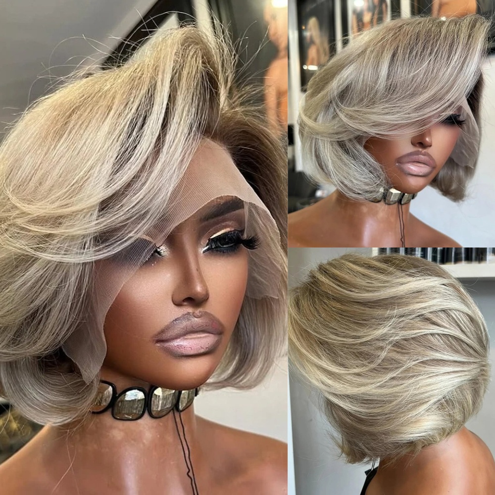 Brazilian Ombre Ash Gray Blonde Short Bob Wigs Human Hair detail view 3
