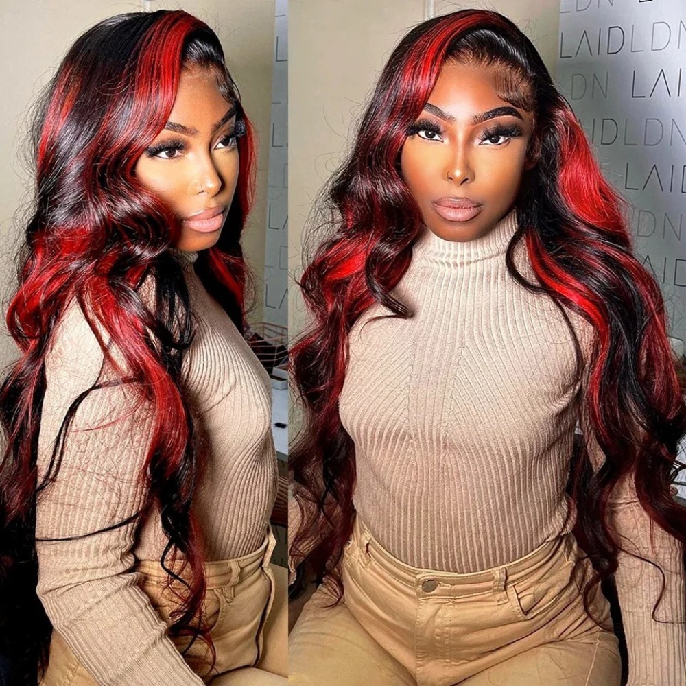 Black And Red Highlight Wig 40 44 Inches 13x4 13x6 detail view 3