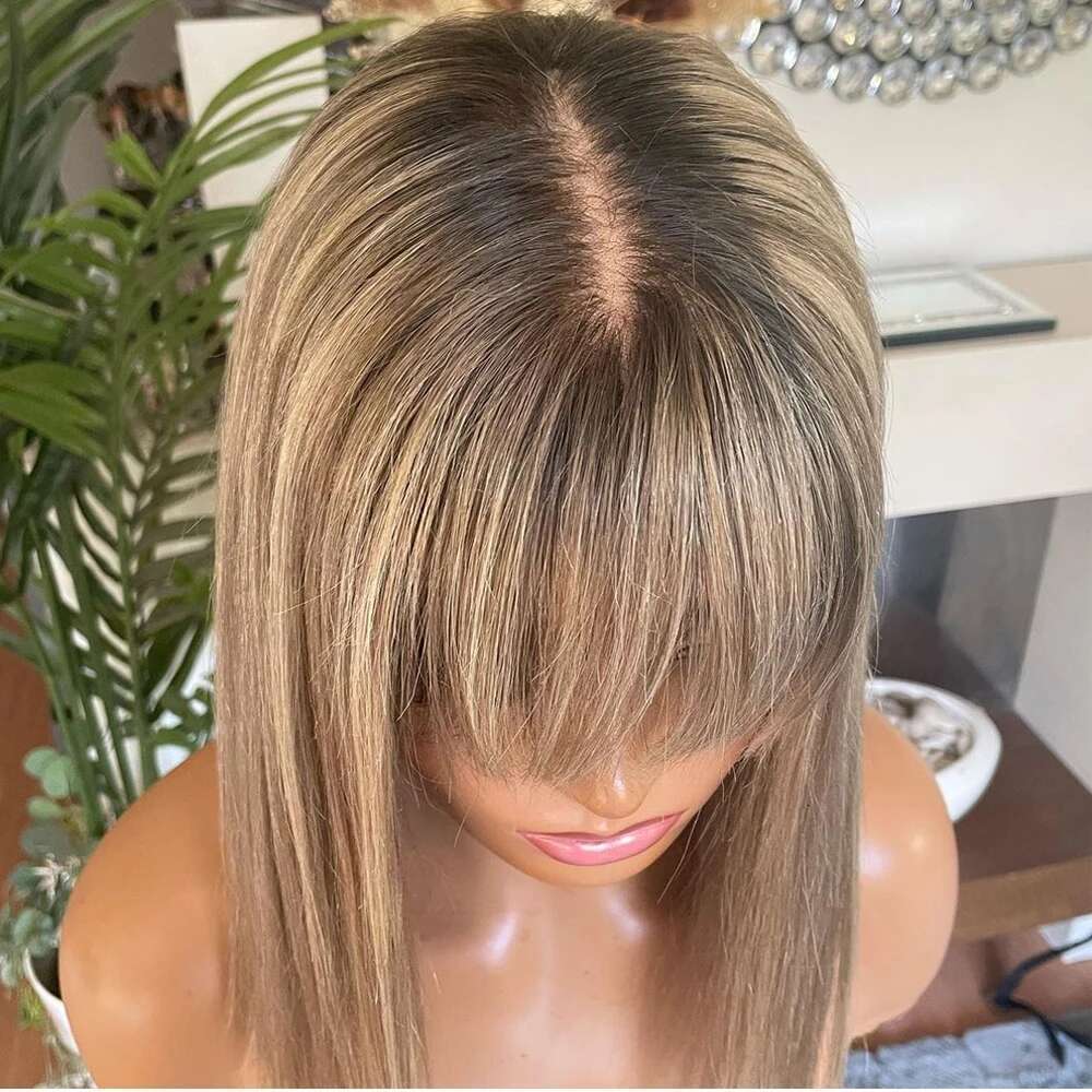 New Bob Blonde Highlight Synthetic With Bangs Short Straight Ash detail view 3