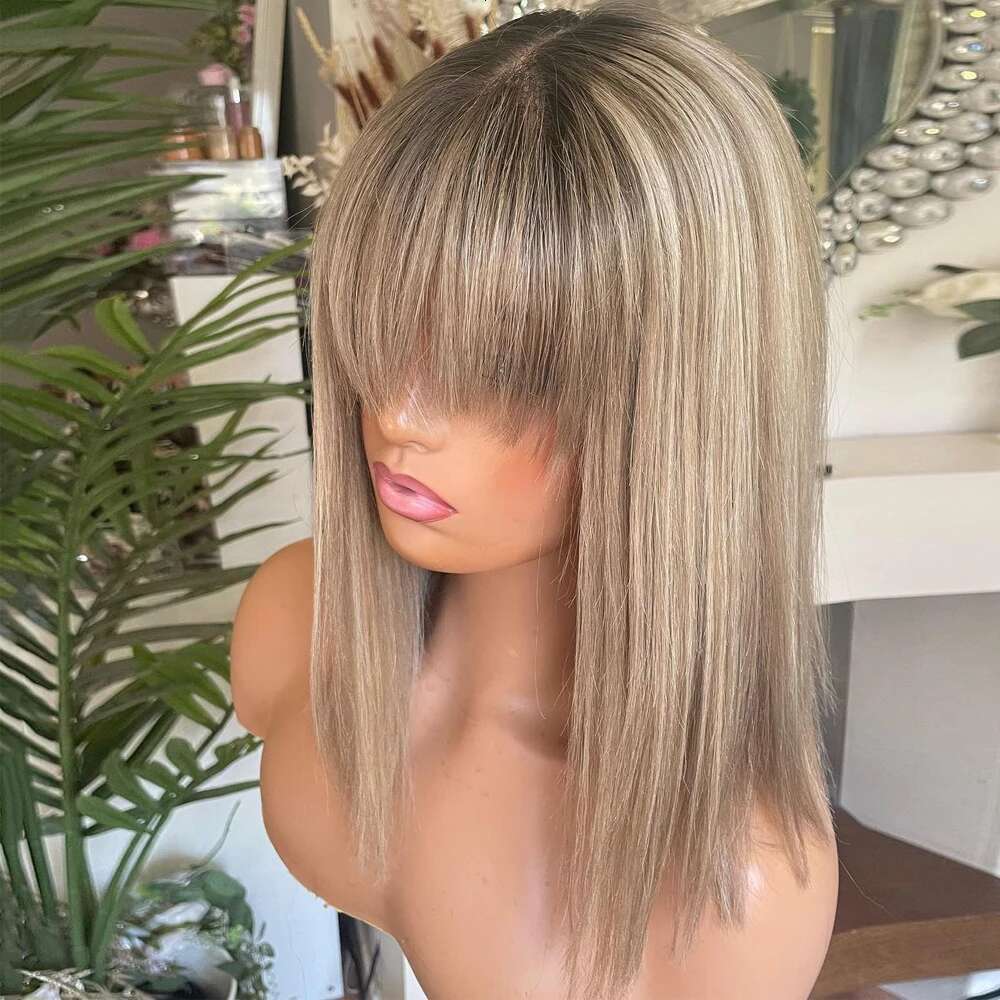 New Bob Blonde Highlight Synthetic With Bangs Short Straight Ash detail view 4