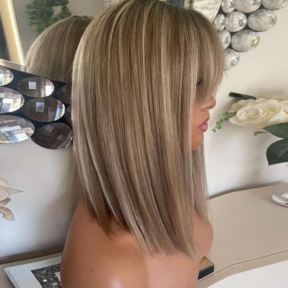 New Bob Blonde Highlight Synthetic With Bangs Short Straight Ash detail view 2