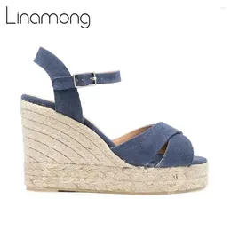 Dress Shoes Cross Strap Espadrilles Raffia Wedge Sandals Multicolor Canvas Platform Denim Buckle Round Toe Summer For Women