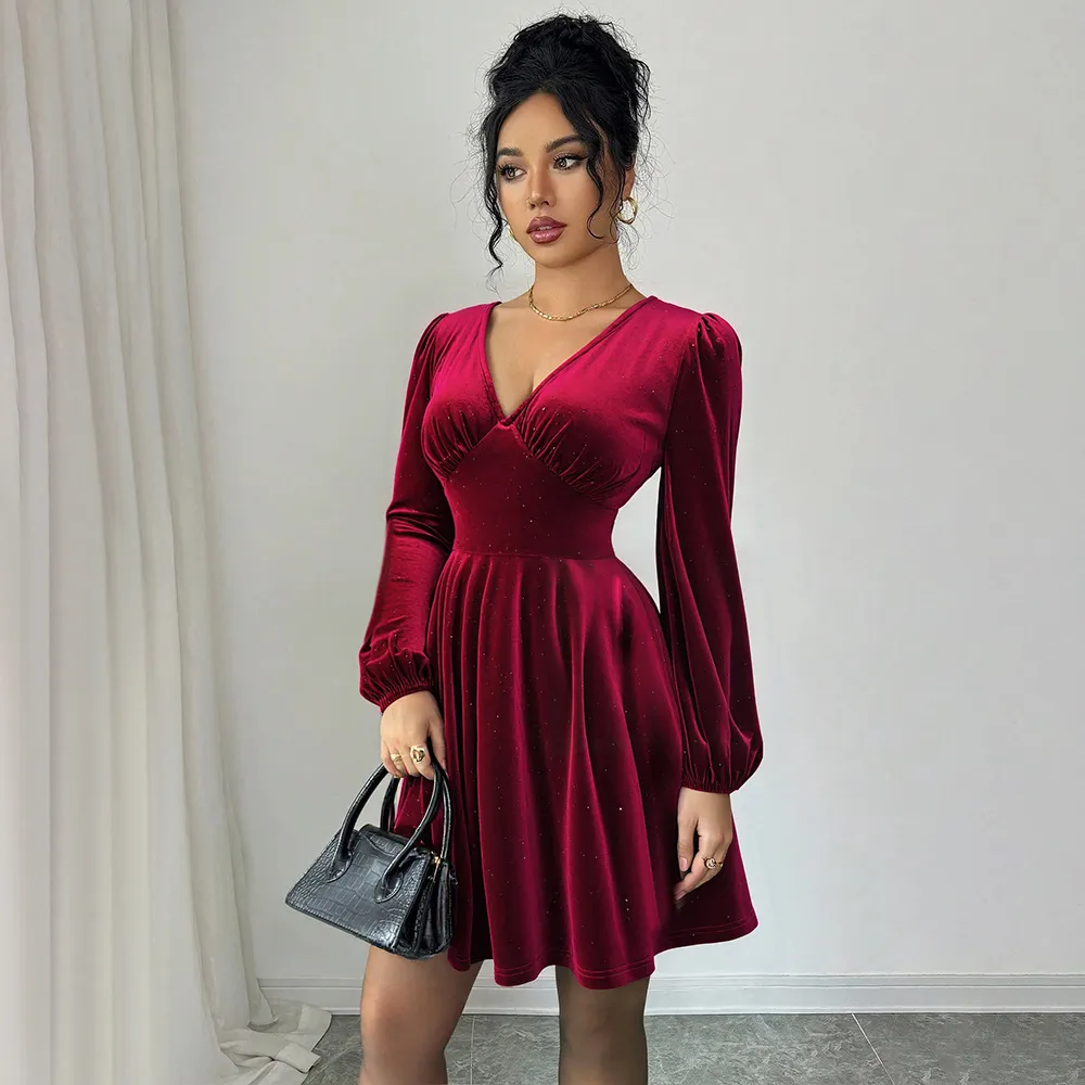 Retro Burgundy Velvet V Neck Lantern Sleeve Slim Fit... From Dh5062488, Rs.2,345.14 In Bulk