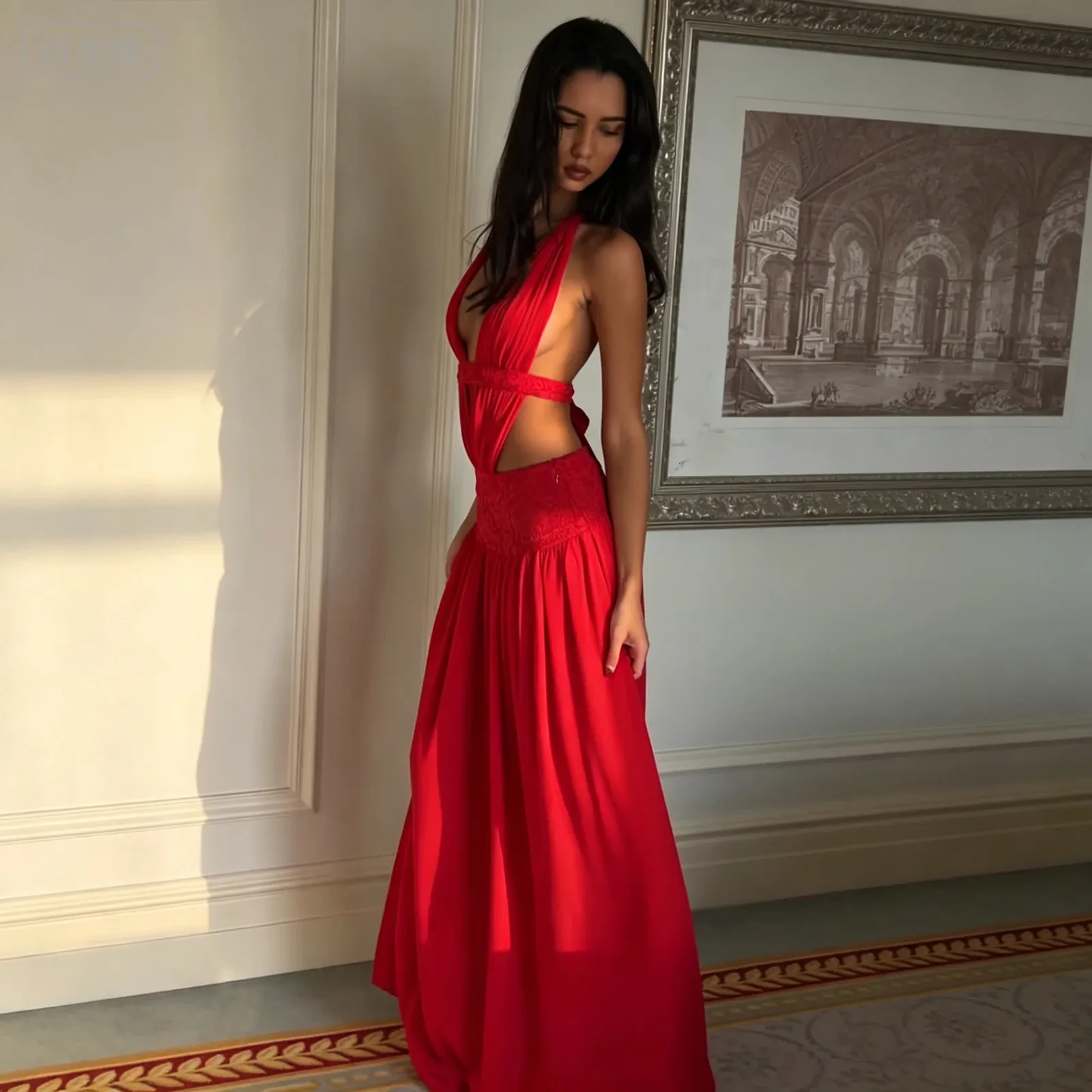 red lace bodycon dress with deep backless Summer 2026 Patchwork Halter Halter Maxi... From Bai06, Rs.2,986.81 In Bulk Red sequin