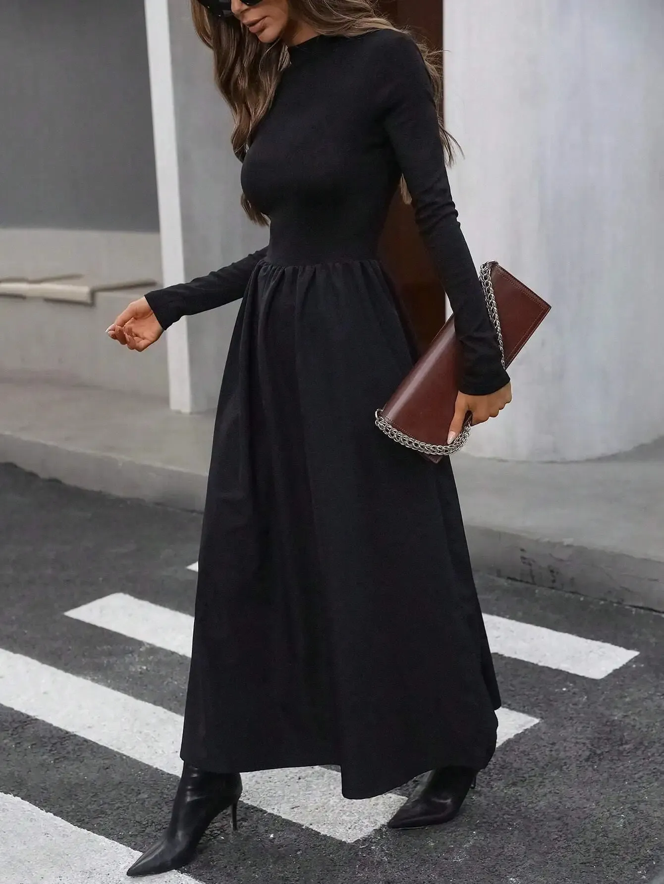 black dress country song Black Faux Leather and Sheer Polka Dot Long Sleeved Dress main image 0