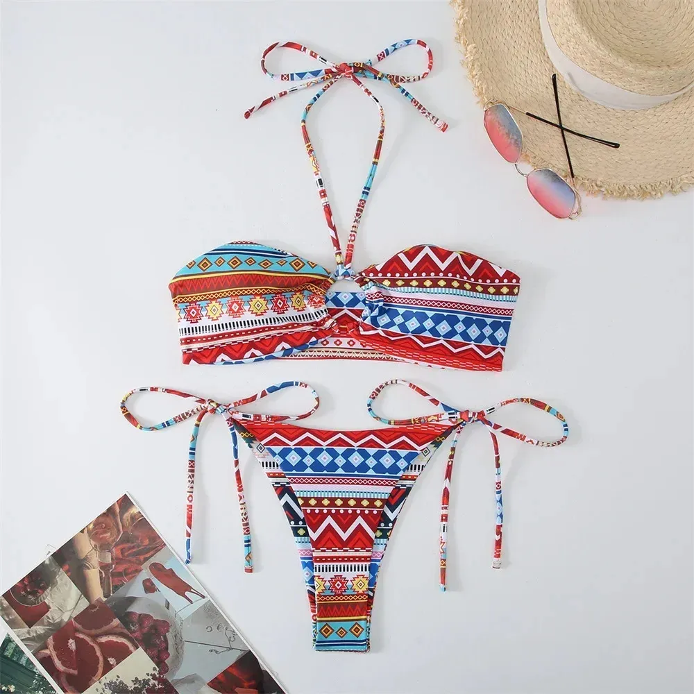 Boho Print Micro String Bikini Thong Bandeau Swimwear Vintage Travel ...