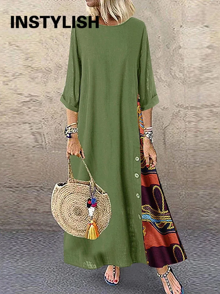 Bohemian Printed Patchwork Long boho maxi skirt for Women - Oversized 3/4 Sleeves, O-Neck, Loose Fit, Harajuku Style - Elegant Robe Style (Style #