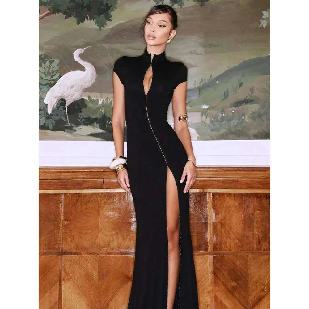 black slim fit dress slit Long Sleeve V Neck Ribbed Side Cutout Slit Midi Dress Black Small