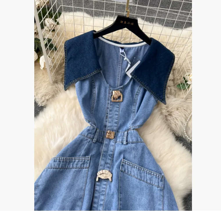 designer jean dresses Elegant Women Denim Jean Dress Long Sleeve Single-Breasted Fashion Ladies A-Line