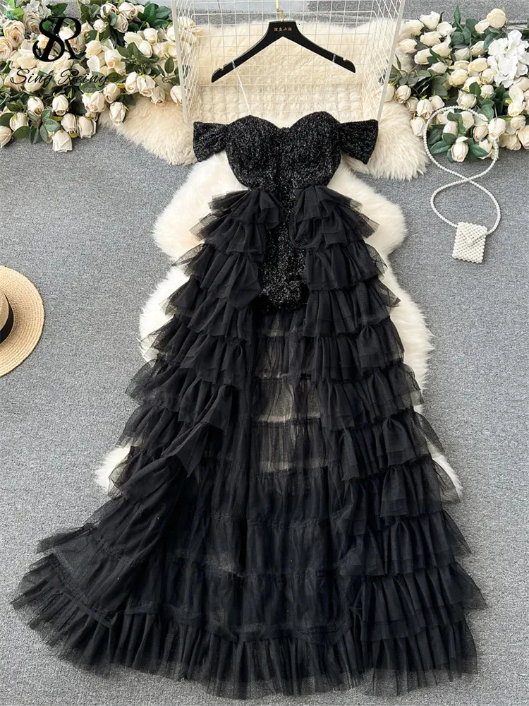 SINGREINY Floor-Length Chiffon Sequin Patchwork Mesh Dress with Short Sleeves from Dhgate Urban Sexy Dresses