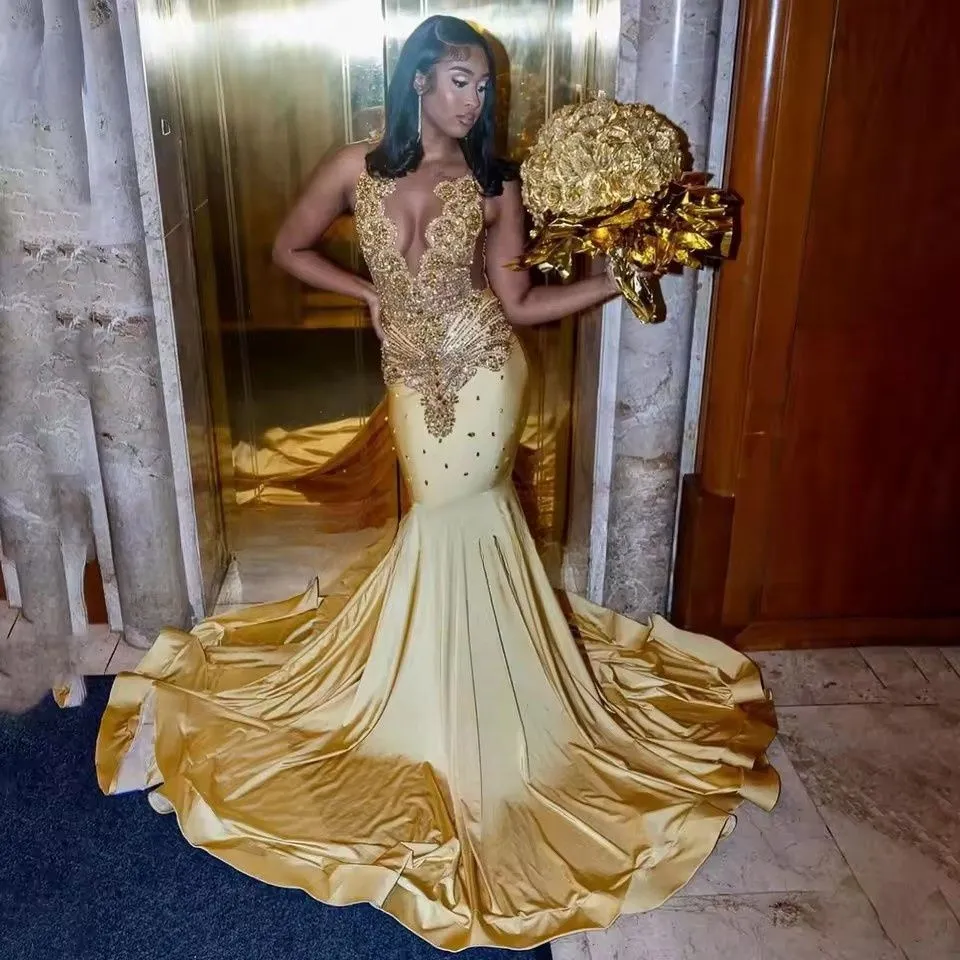 green emerald velvet dress Gold Sequin V-Neck Mermaid Long Prom Gown,Best Prom Dresses – jkprom main image 1