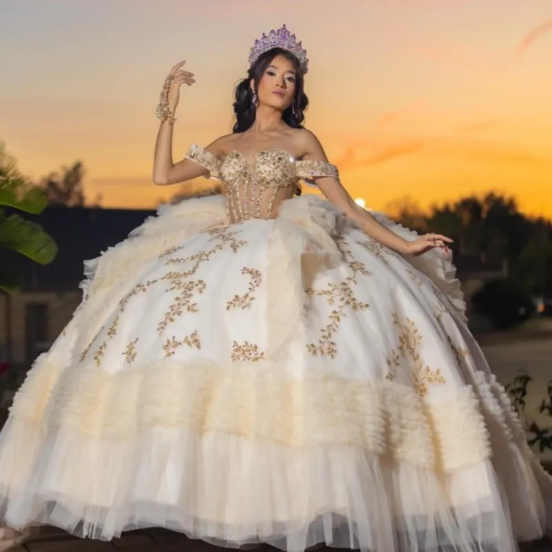 Light Champagne Gold Quinceanera Dress Off Shoulder Ball Gown with Crystal Appliqu and Lace-Up Back Light Champagne Gold Quinceanera Dress Off Shoulder Ball Gown with Crystal Appliqu and Lace-Up Back