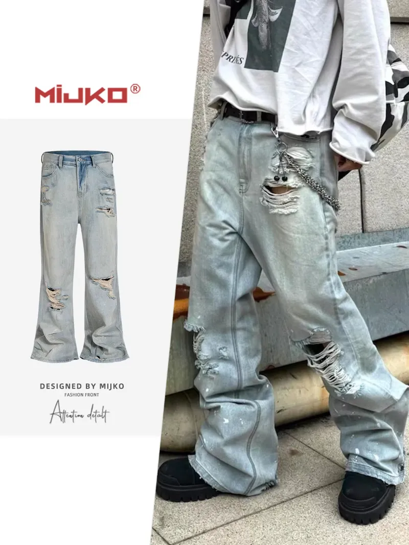 MIJKO Unisex Ripped Slub Jeans Flared Splatter Paint... From 43,8 