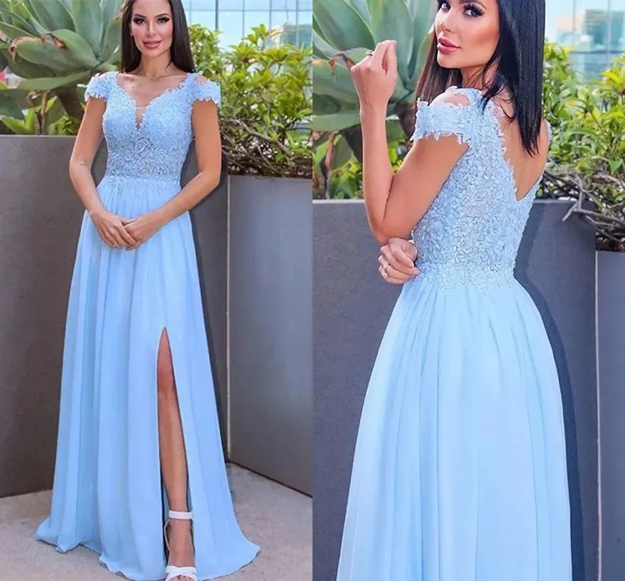 sachin and babi light blue dress Long A-line V-neck Ruffle Chiffon Bridesmaid Dress  COCOSBRIDE