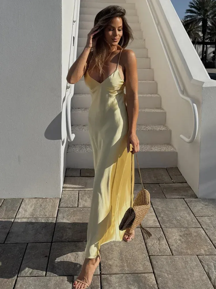 Yellow Satin Backless Maxi Backless Maxi Dress with V-Neck and Sling Detail - Perfect for Evening Parties and Special Occasions