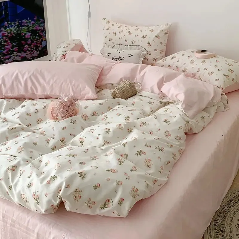 Rosa Blumen-Bettwäsche-Set, weich, Einzelbett, Doppelbett, Queen-Size-Bett, Bettbezug, Bettlaken, Kissenbezug, Girls Home Totel Bettwäsche 251231