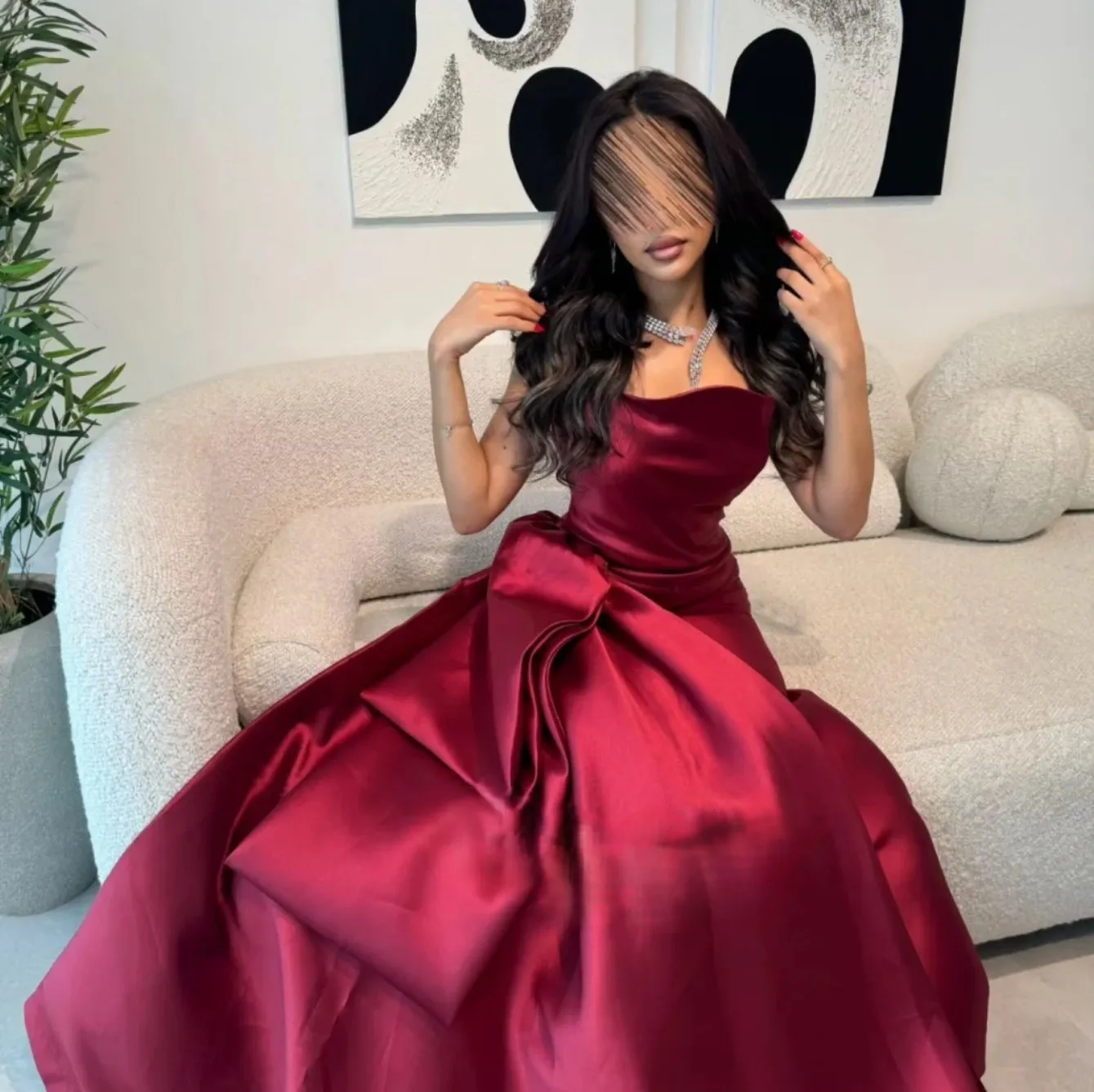 Burgundy Strapless Mermaid Prom Dresses - Ruched Satin Panel with Bow Accent