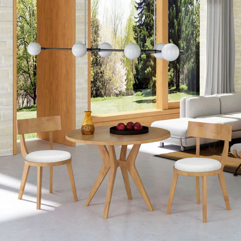Mid Century Modern 39.4 Round Dining Table Set With 2 Chairs Oak Veneer ...