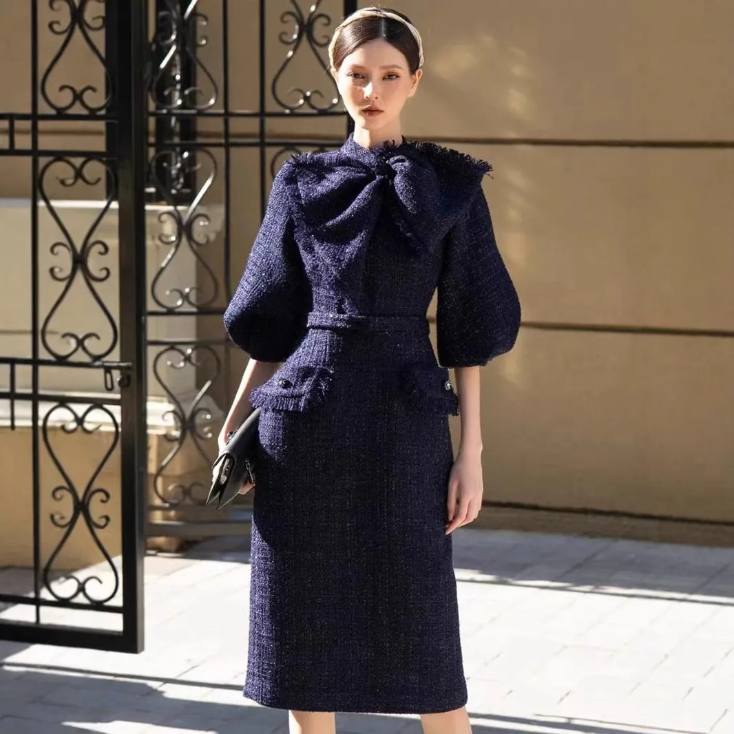 tweed dress knee length Empire Waist Tweed Dress With Puff Sleeves And Bow... From Hubshubs, $31.53