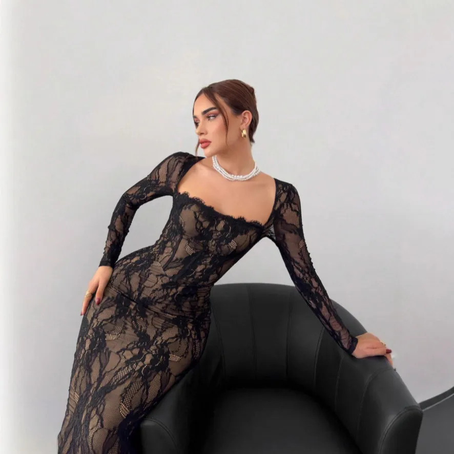 Best 2025 Urban Sexy Women's Dress – Square Neck, Lace Patchwork, Slit Opening – $24.9 Deal