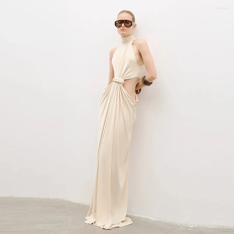 Casual Dresses Fashion Pleated Twisted Knot Hollow Out Waist Halter High  Neck Sleeveless Draped Bodycon Maxi Dress From 40,89 €