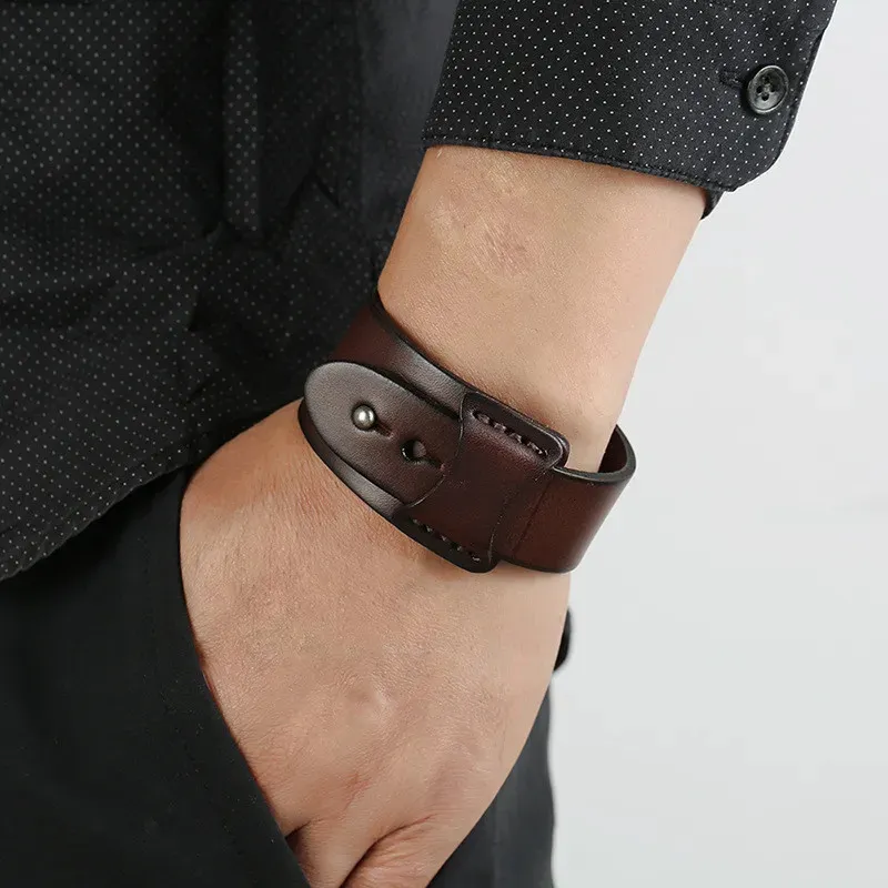 Bracciale Uomo Donna In Pelle Regolabile - Stile Retrò Hip Hop - Larghezza 38 Mm - Chiusura A Scatto - 6