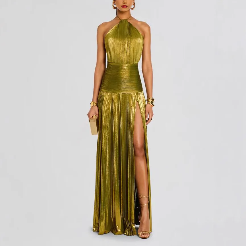 gold tassel dress plus size Maxi Sleeveless Evening Gown one shoulder wedding dresses