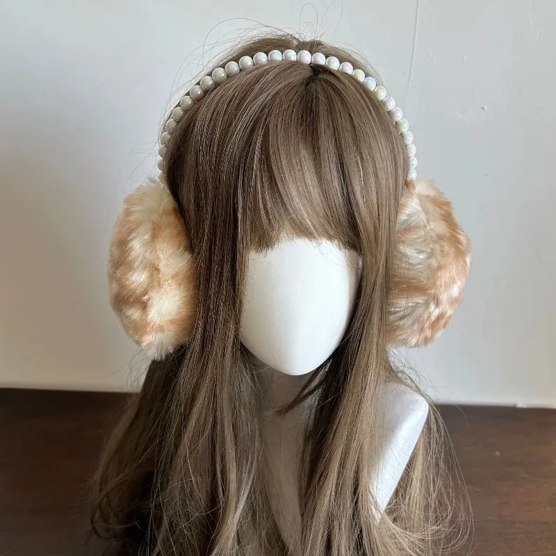 Women Earmuffs Faux Fur Pearl Headband Winter Outdoor Cold Weather 4 Pcs Faux Pearl Rhinestone Earmuffs main image 3