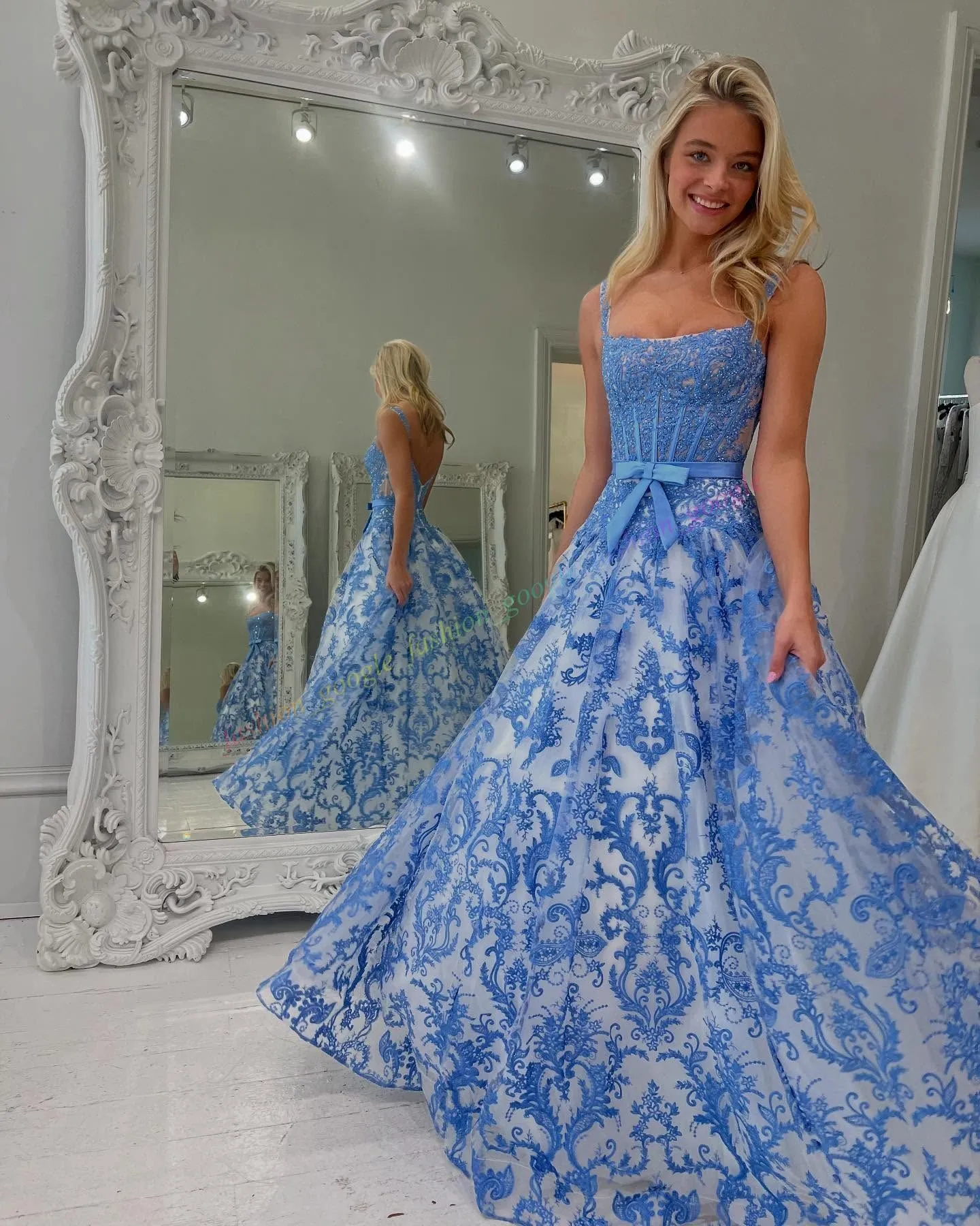 Elegant Blue Prom Dress Floral Embroidered Lace Women... From 151,63 €