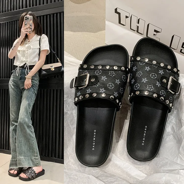 Cross Border New Metal Buckle Slip On Sandals Fashionable And Versatile Multi Color Flat Bottomed Outerwear Style_voghion.com
