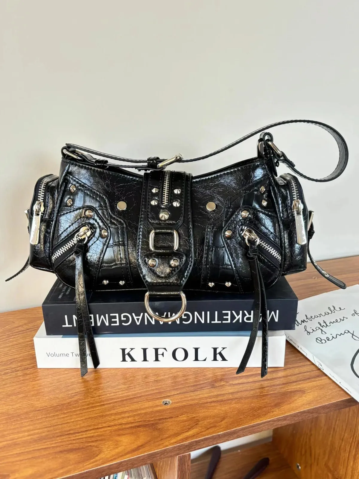 Womens Y2k Studded PU Leather Shoulder Purse Gothic... From 11,86 