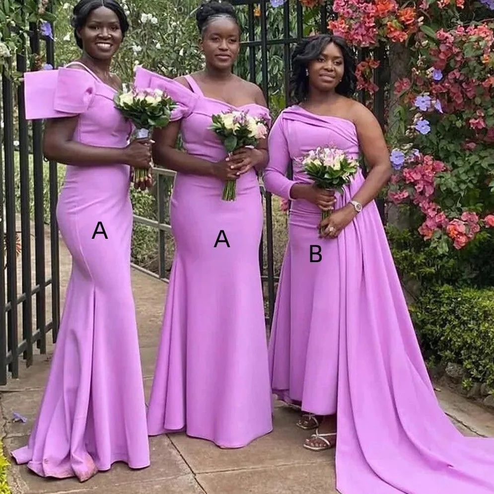 purple african bridesmaid dresses One Shoulder African Bridesmaid Dresses Floor Length Side Slit Cheap  Wedding Guest Dress Modest Chiffon Bridesmaid Prom Gowns