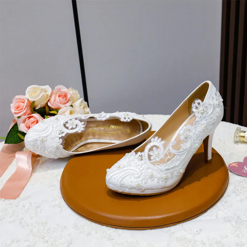 Wholesale Arrival Women Lace Wedding Shoes White Thick Mid... At Only  $31.25 | DHgate.Com