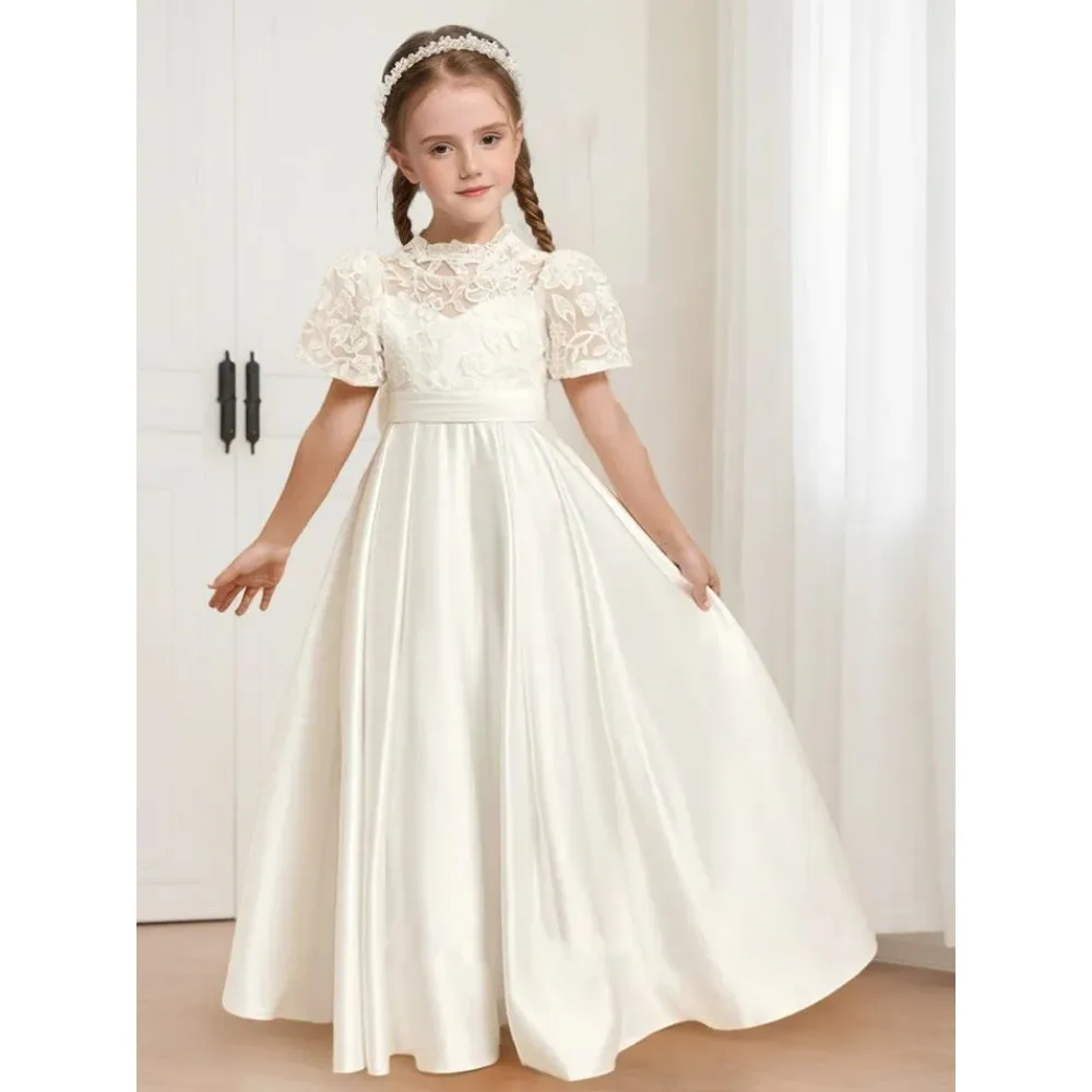 ivory toddler dress for wedding Satin Lace Flower Girl High Neck Puff Short Sleeves Formal Gown with Bowknot Floor-Length from Dhgate Flower Girls' Dresses Boutonniere & Wrist Corsage