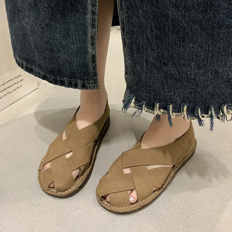Womens Summer Flat Round Head Geometric Baotou Slippers Casual Comfortable Soft Soled Non Slip Sandals 260104_voghion.com