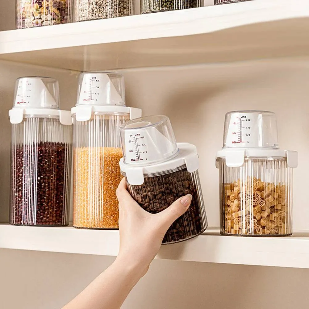 Transparente Lebensmittelbox mit Ausgießer, Messbecherdeckel, Zuckerbohnen, Müsli, Aufbewahrungsbehälter, Küchen-Organizer, Behälter ddmydog