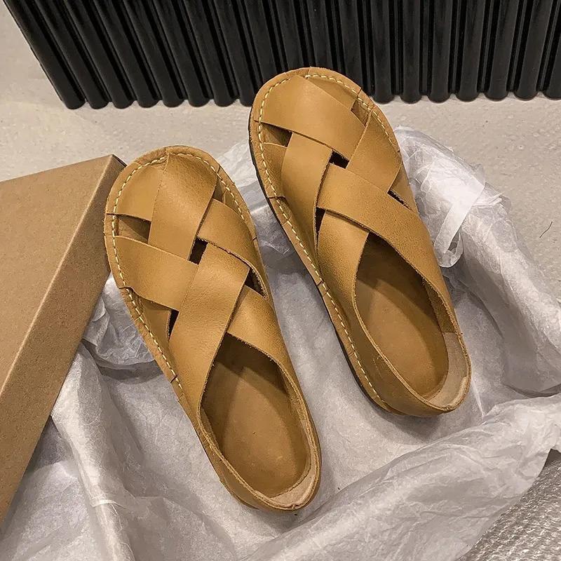 Womens Summer Flat Round Head Geometric Baotou Slippers Casual Comfortable Soft Soled Non Slip Sandals 260104_voghion.com