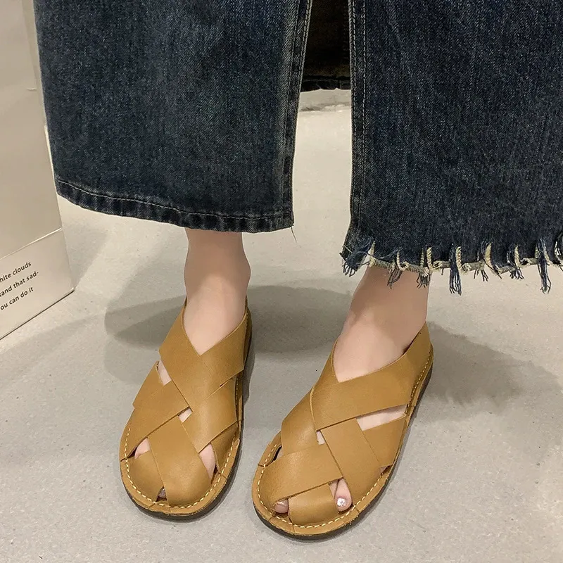 Womens Summer Flat Round Head Geometric Baotou Slippers Casual Comfortable Soft Soled Non Slip Sandals 260104_voghion.com