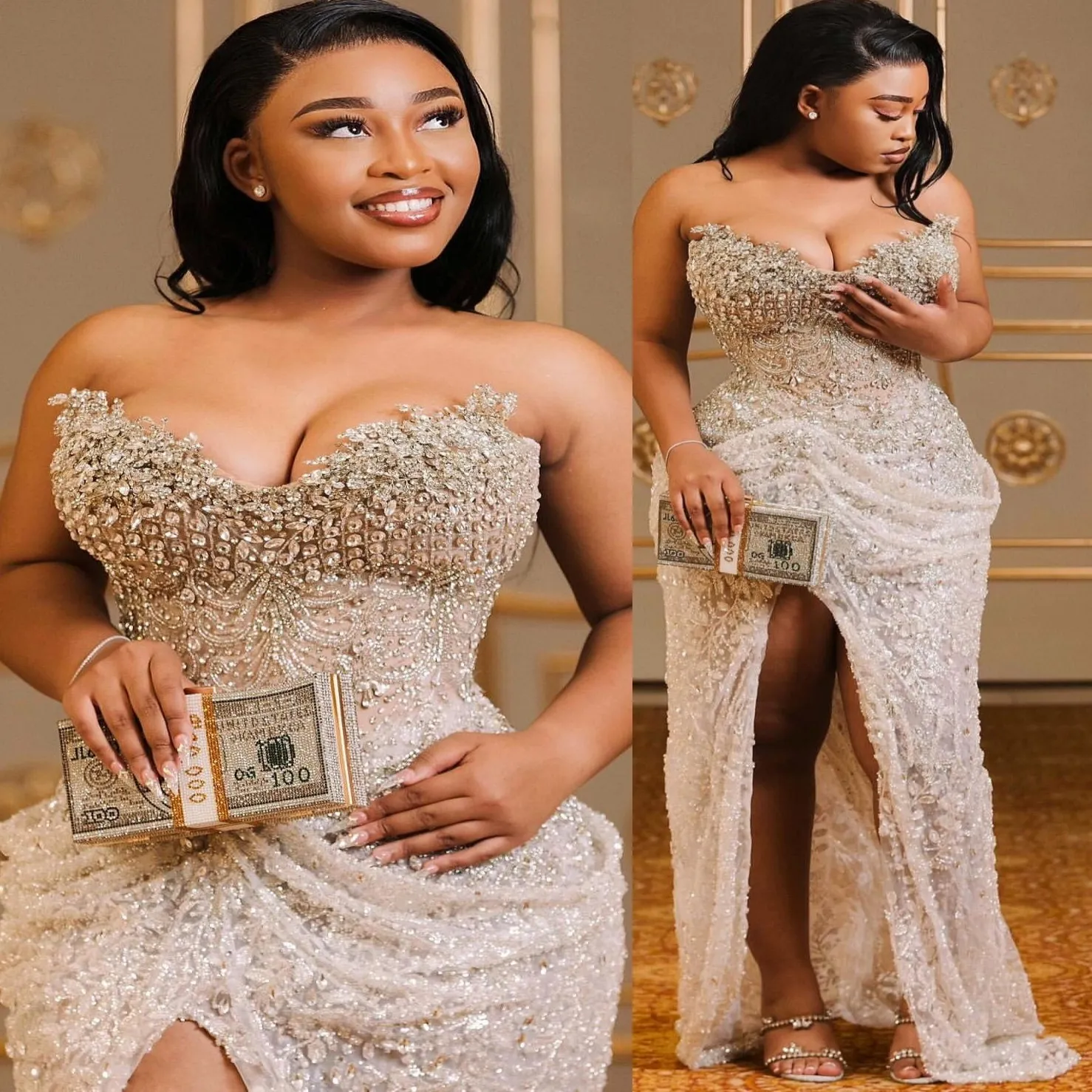 gold ivory prom dress Off-the-Shoulder Glitter Long Prom Dress