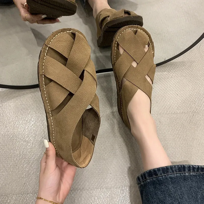 Womens Summer Flat Round Head Geometric Baotou Slippers Casual Comfortable Soft Soled Non Slip Sandals 260104_voghion.com