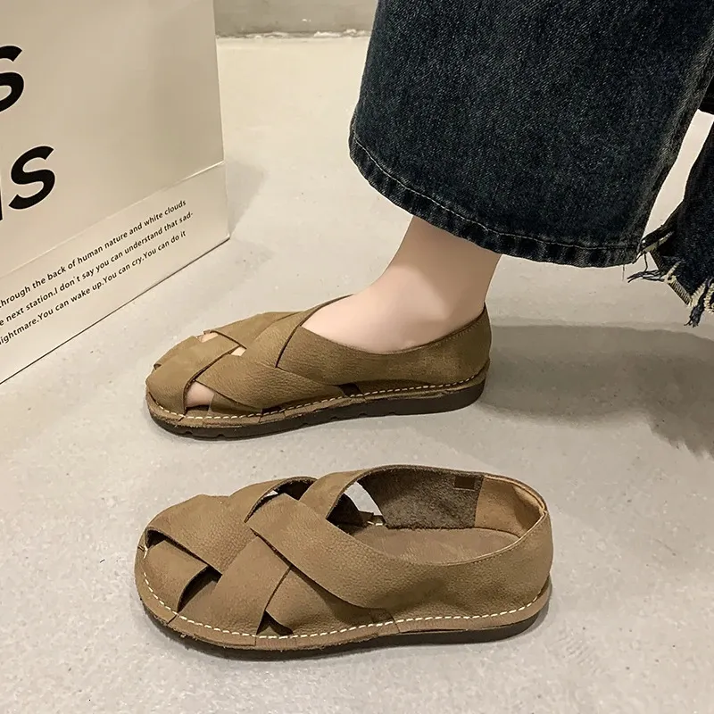 Womens Summer Flat Round Head Geometric Baotou Slippers Casual Comfortable Soft Soled Non Slip Sandals 260104_voghion.com
