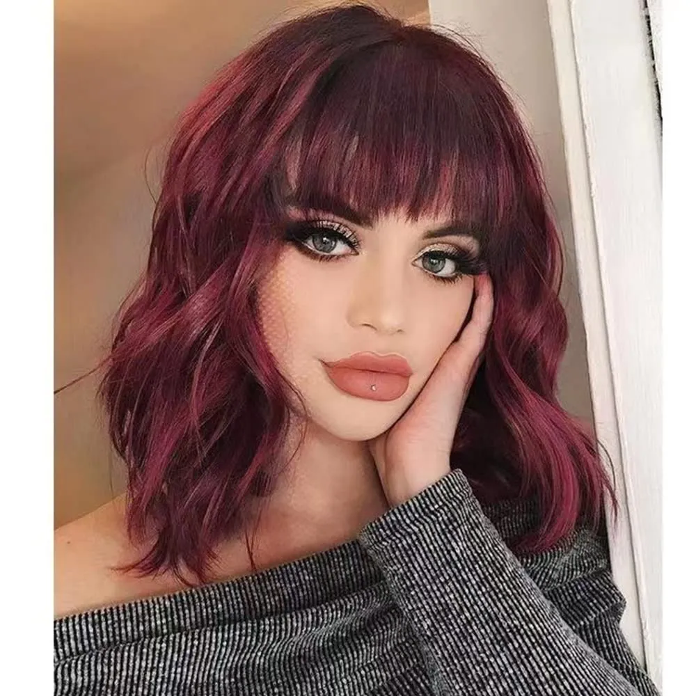 Short Wavy Synthetic Wig with Bangs Shoulder Length Bob Heat Resistant Short Bob Wig With Bangs,Shoulder Length Wigs for Women  main image 4