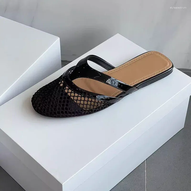 Women's Mesh Round Toe Sandals Summer Flat Thong Slippers Mules_voghion.com
