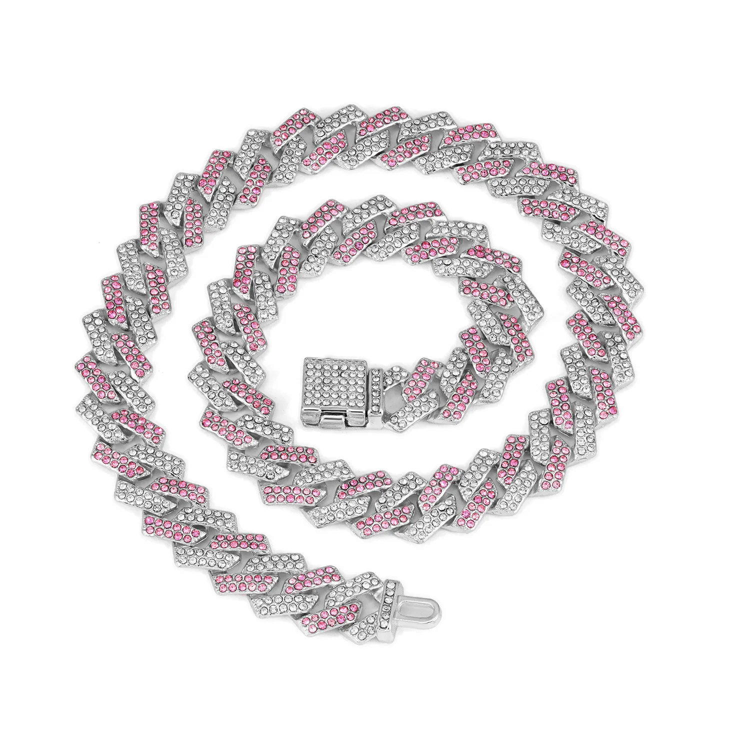 Neue 15 mm diamantförmige kleine Flip-Cuban-Kette, hochwertige pink-blaue Hip-Hop-Halskette und Armband, unverzichtbares Accessoire für_voghion.com