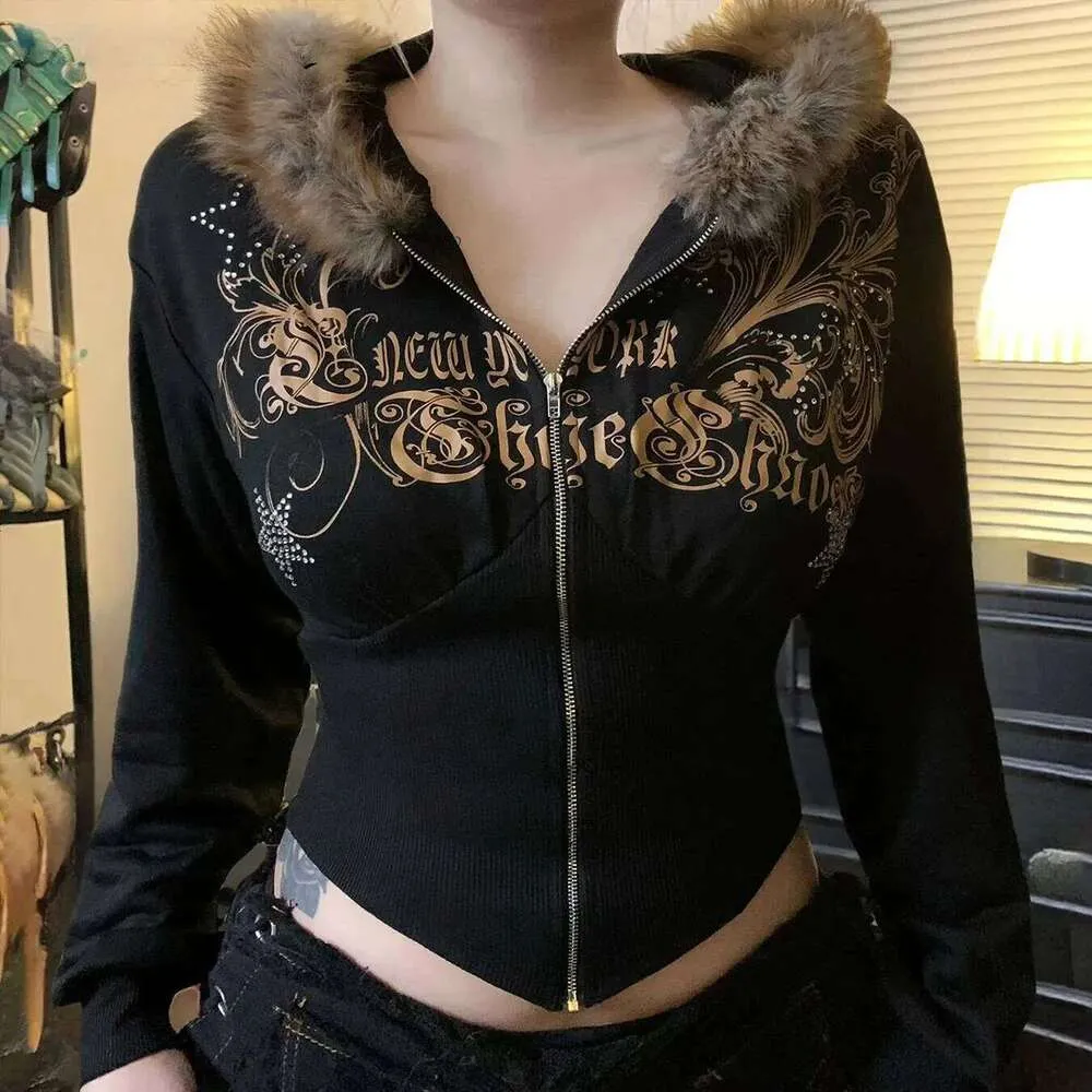 Y2K Gothic Print Zip Up Hooded Sweatshirt With Faux From