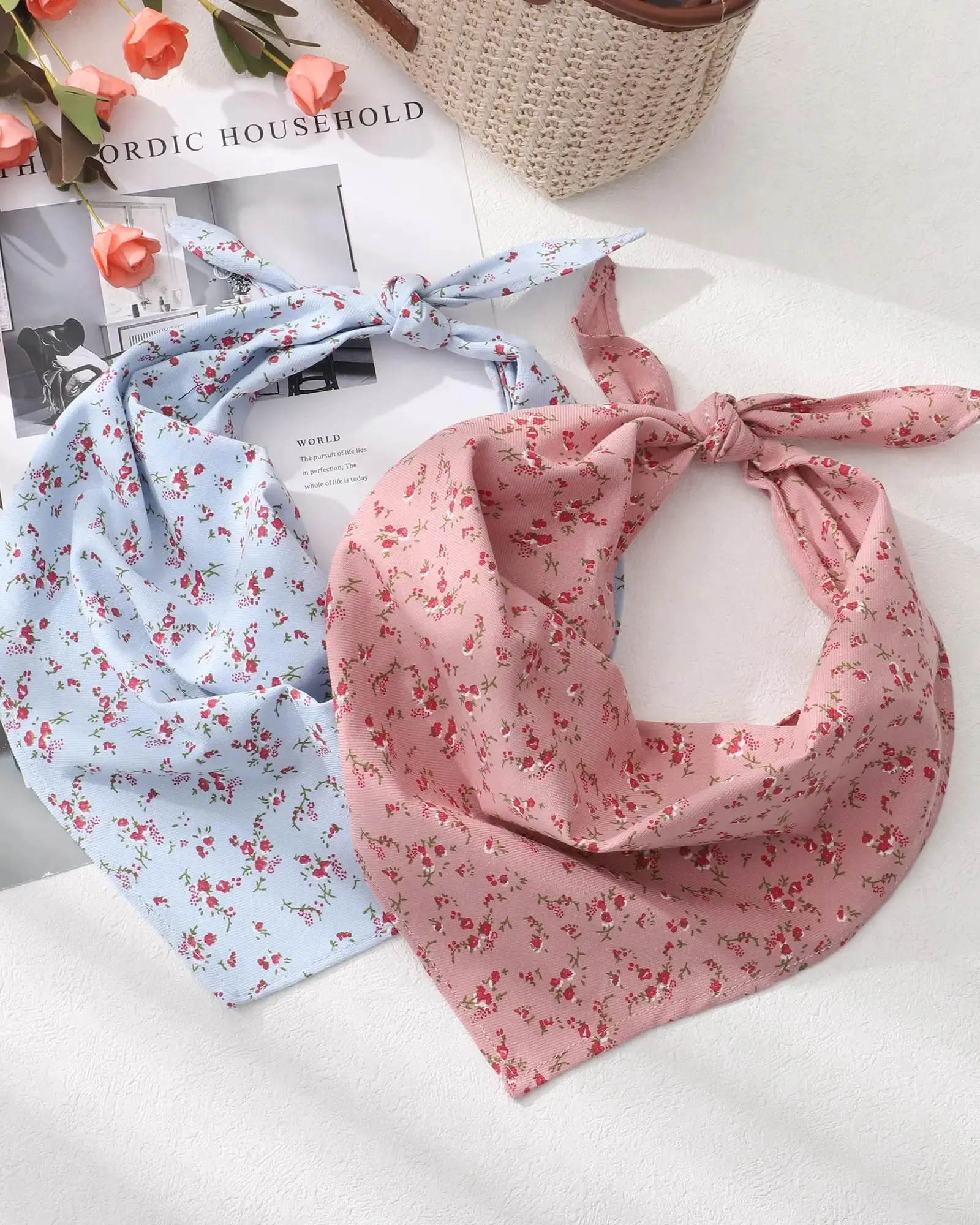 Women Purse Scarf Headband Pack 72 Printed Fabric Fashion Accessory Slim Scarf - Watercolor Floral in Blue for Purse, Handbag  main image 2