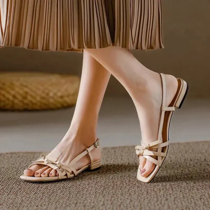 Square Flats Elegant Temperament Patent Leather Lightweight Non Slip Fairy Shoes Bow Buckle Open Toe Sandals 260104_voghion.com